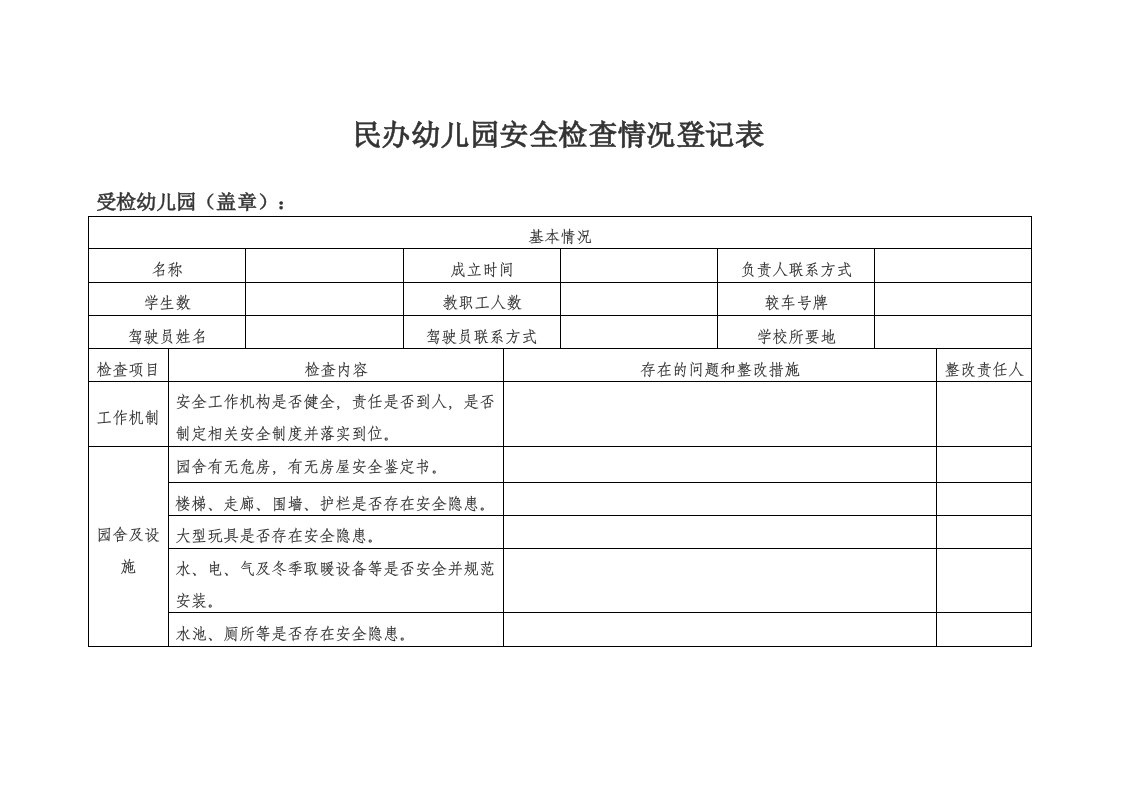 民办幼儿园安全检查登记表