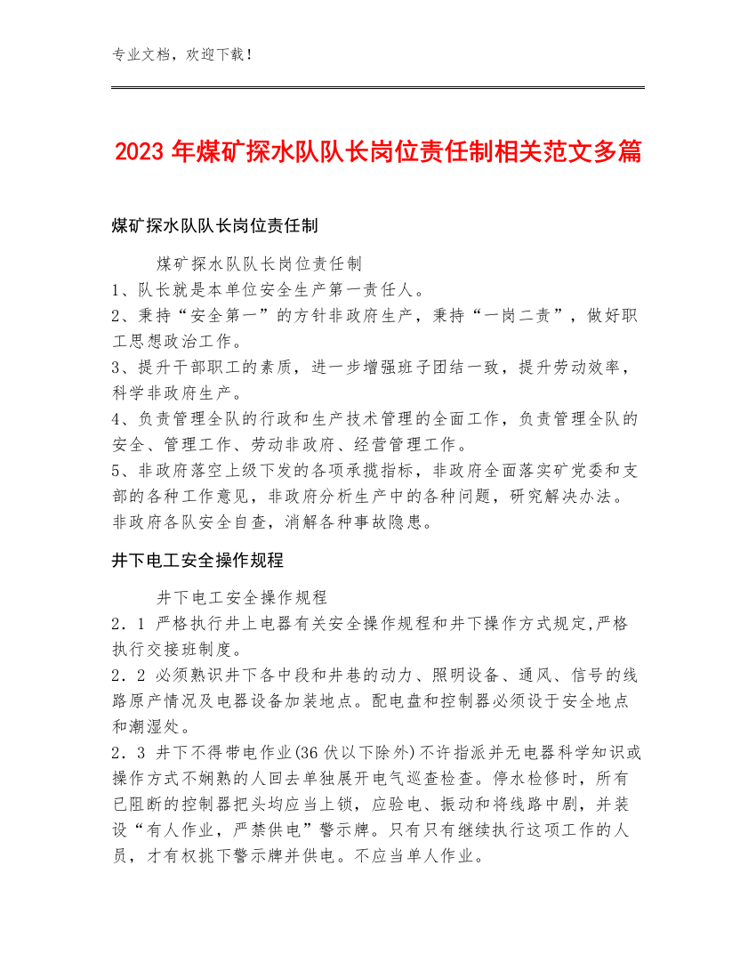 2023年煤矿探水队队长岗位责任制范文多篇