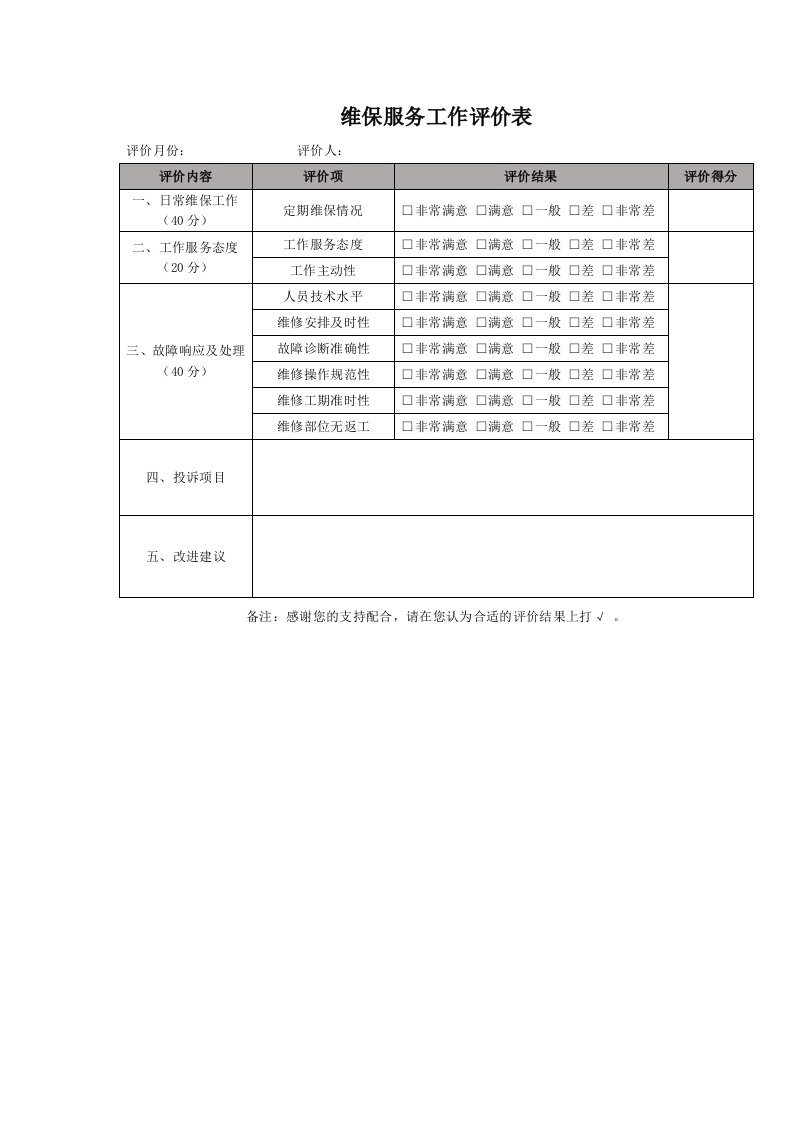 弱电工程维保项目及保养记录考核表