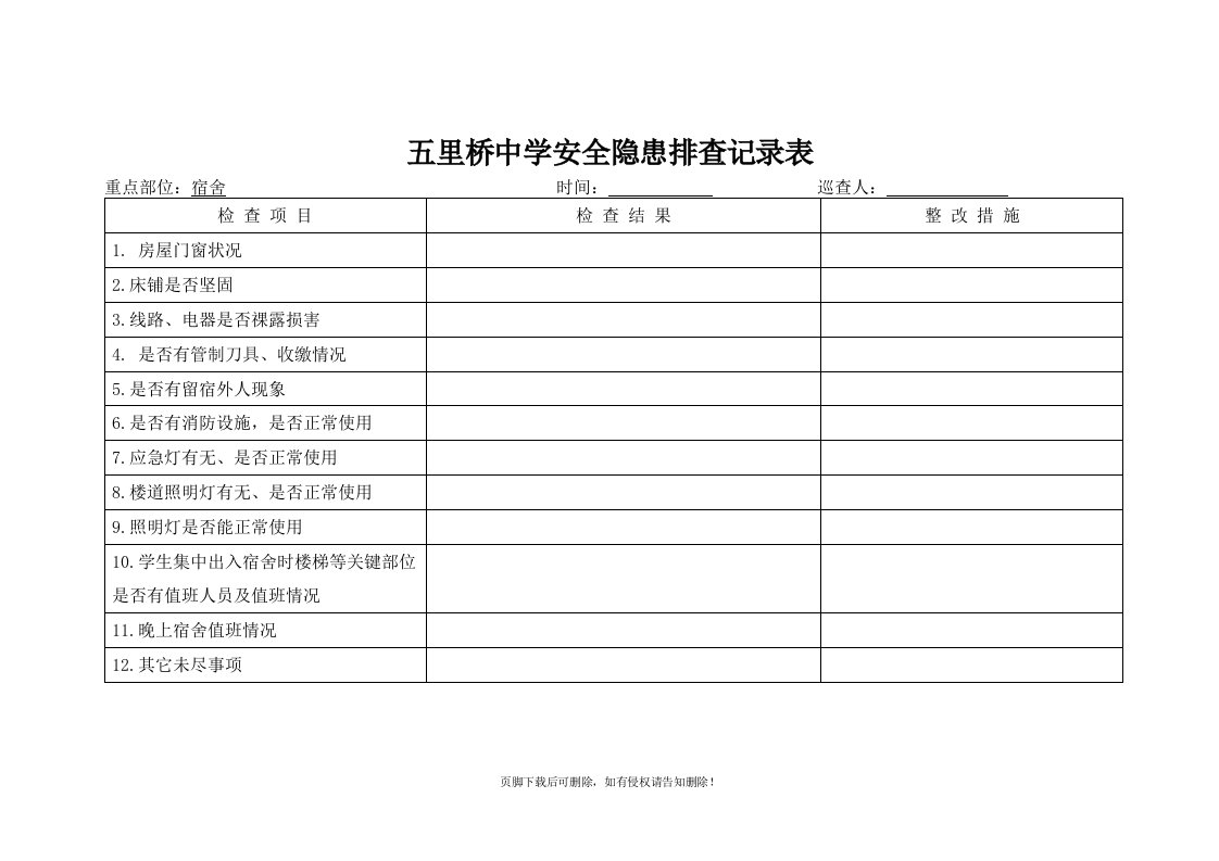 学校安全隐患排查记录表