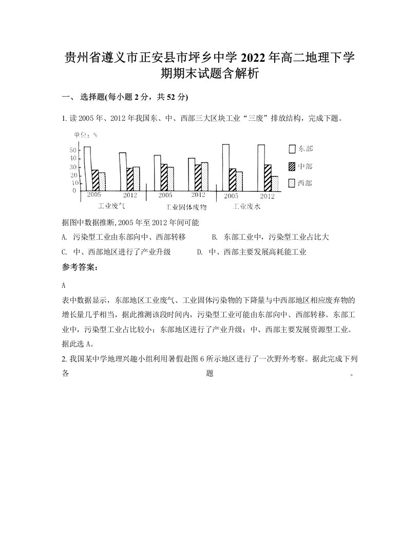 贵州省遵义市正安县市坪乡中学2022年高二地理下学期期末试题含解析