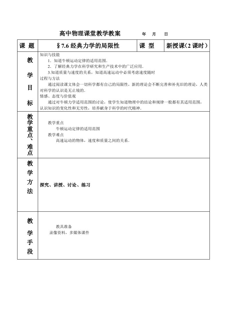 经典力学局限性教案