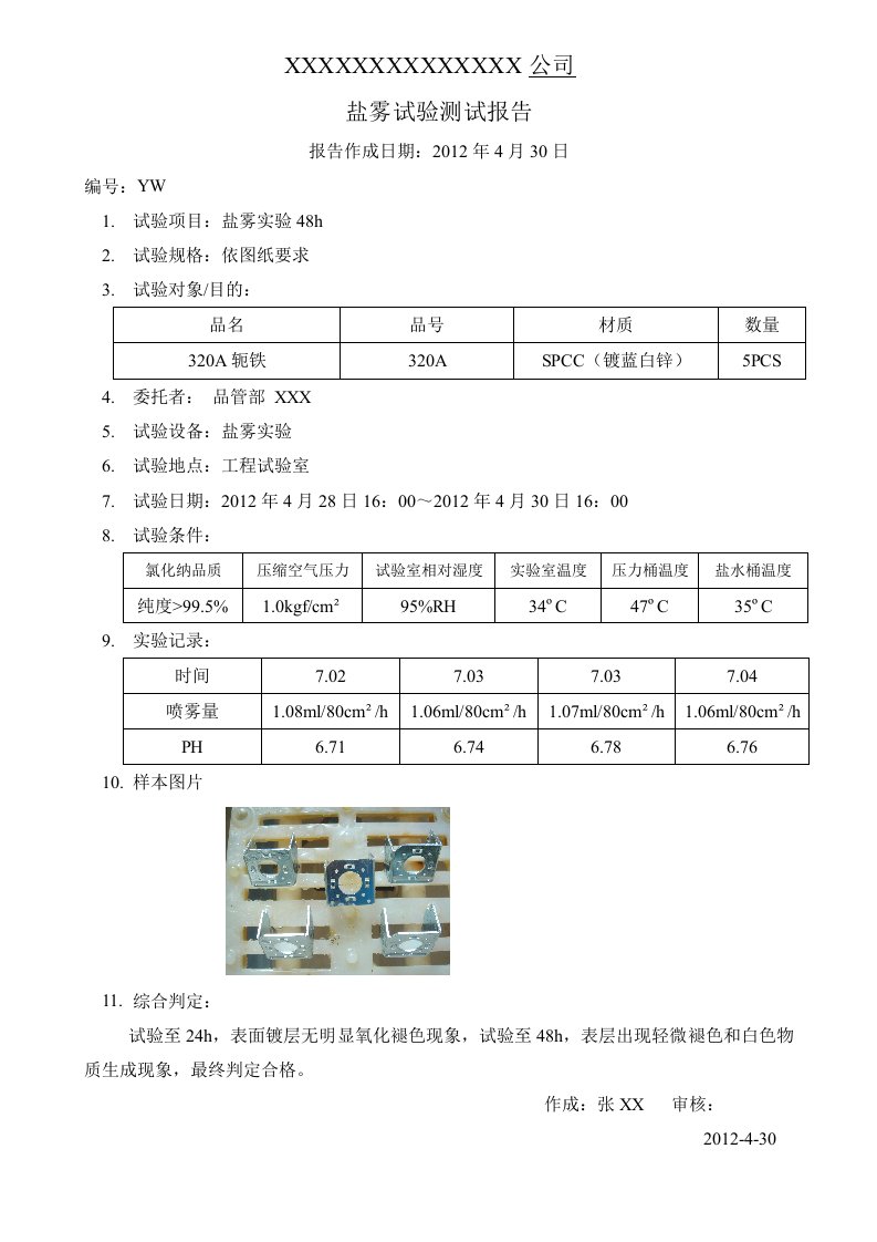 盐雾试验测试报告-范本