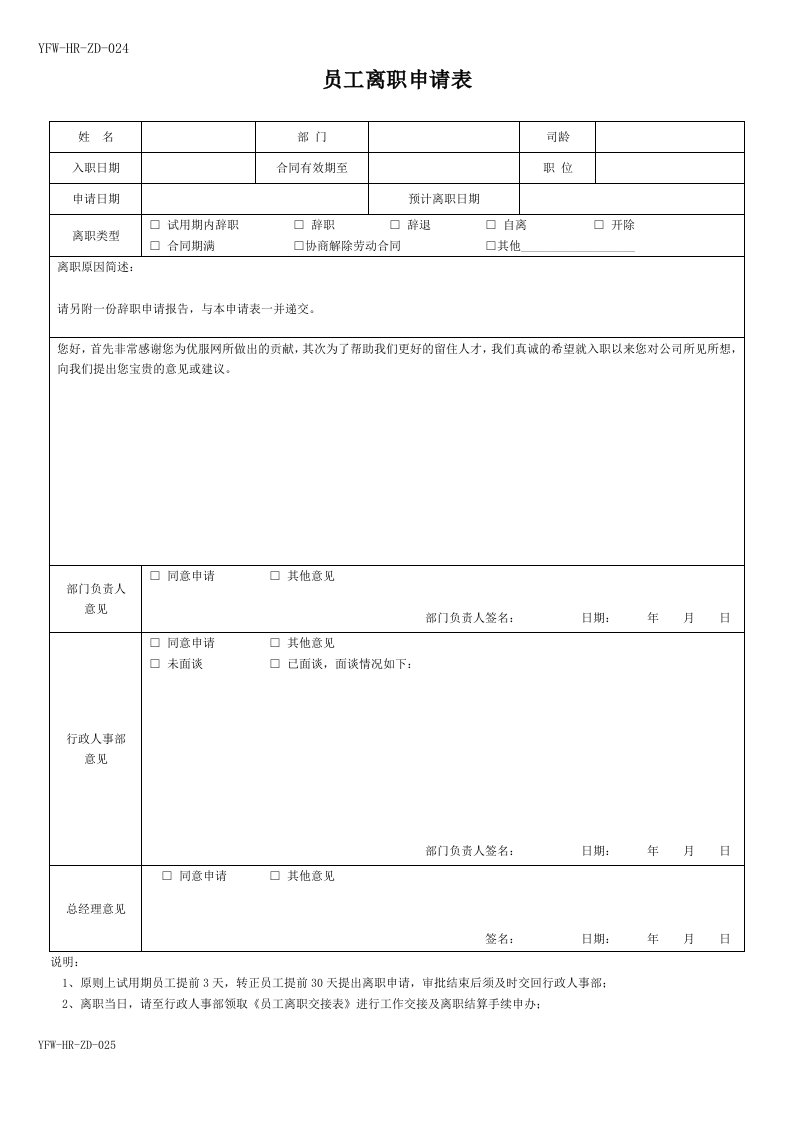 员工离职申请表(必备)