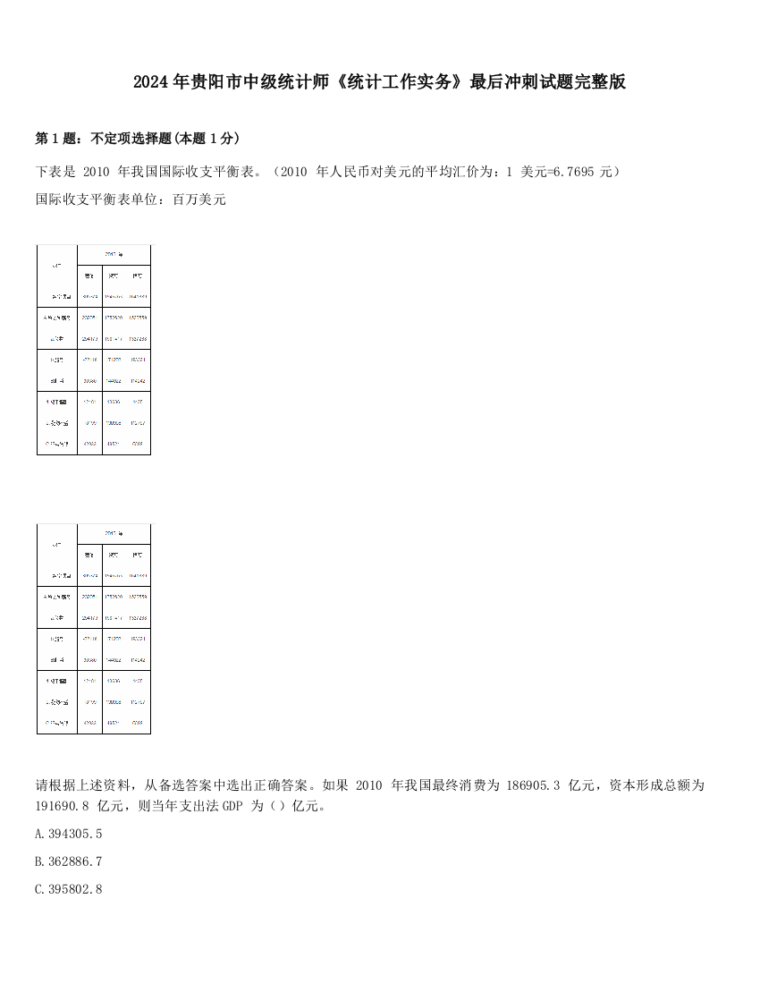 2024年贵阳市中级统计师《统计工作实务》最后冲刺试题完整版