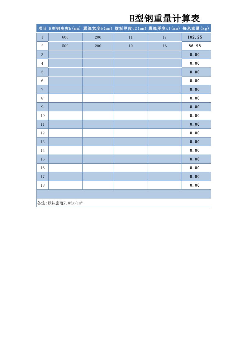 H型钢及变截型钢理论重量计算表格