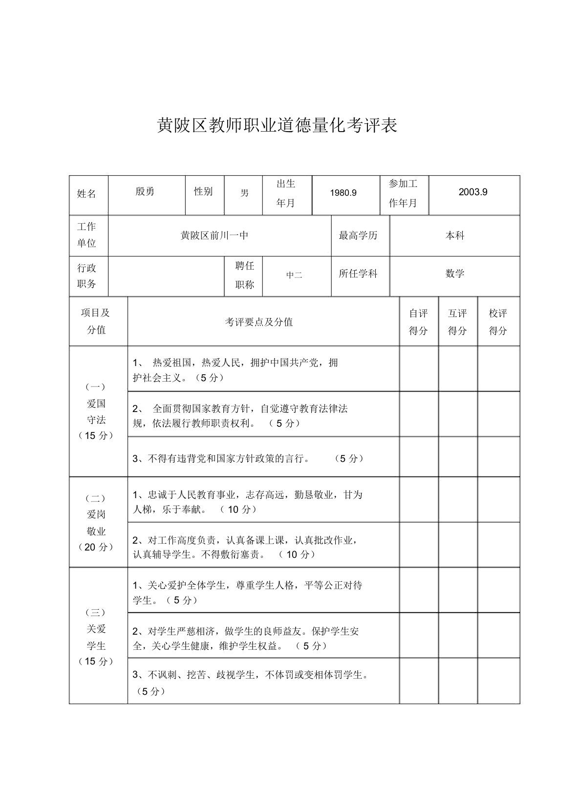 师德考核表