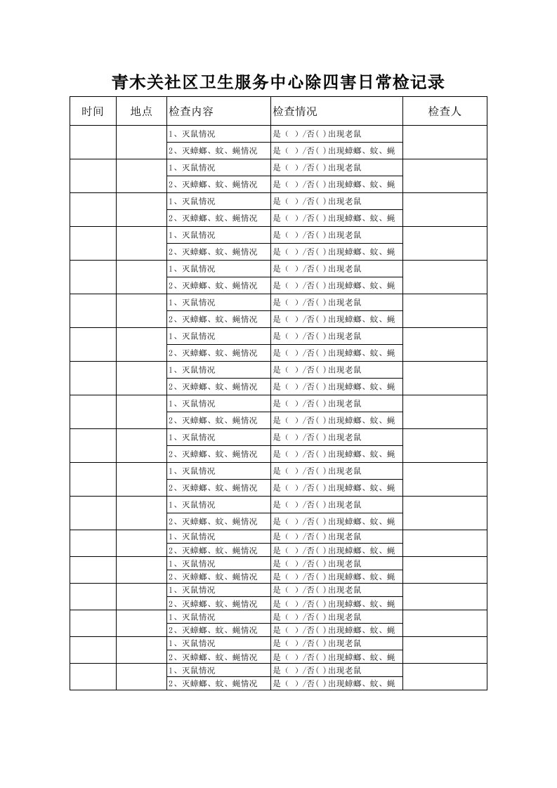 青木关社区除四害日常检查记录表