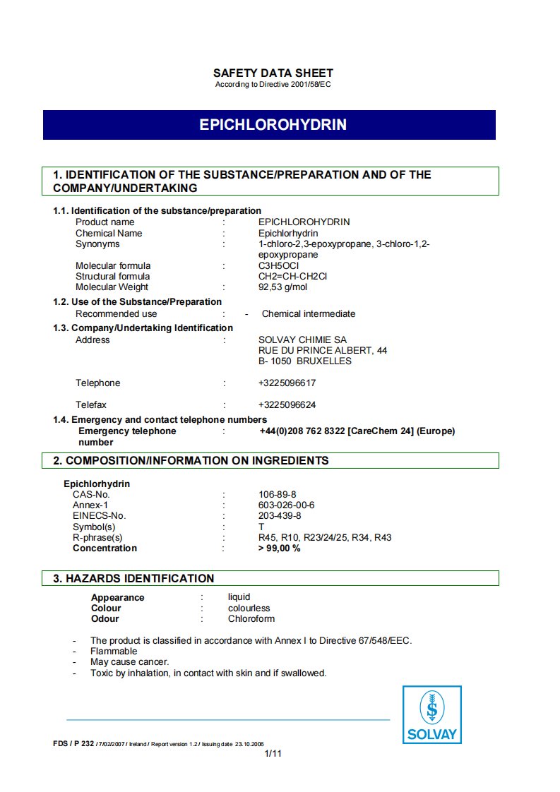 ECH-MSDS(-环氧氯丙烷)