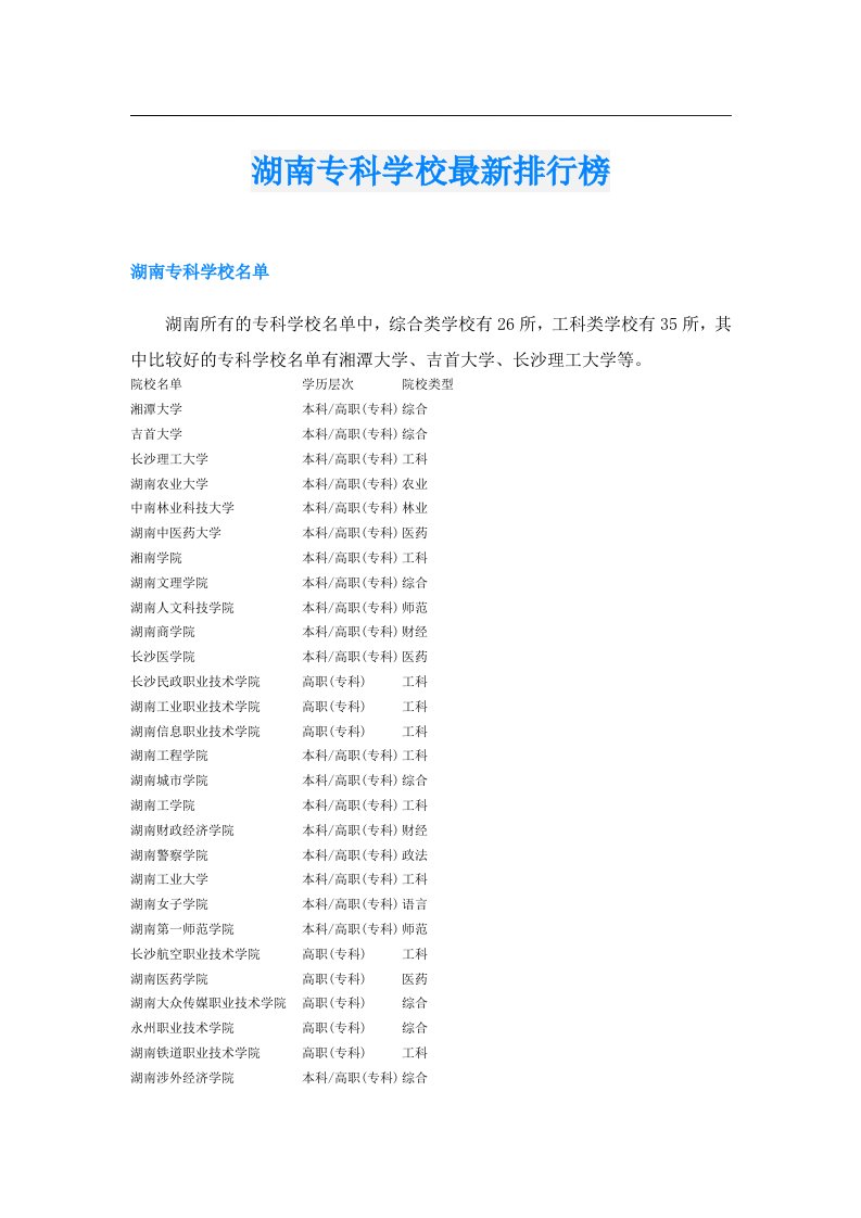 湖南专科学校最新排行榜