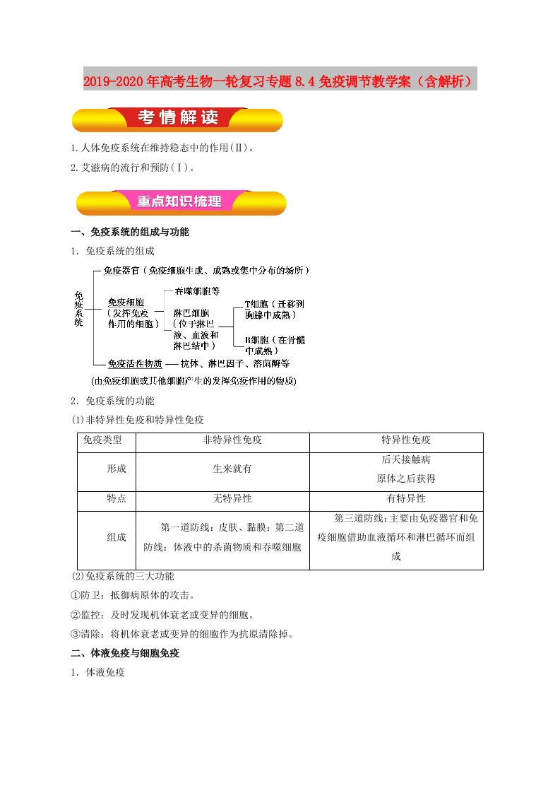 2019-2020年高考生物一轮复习专题8.4免疫调节教学案（含解析）