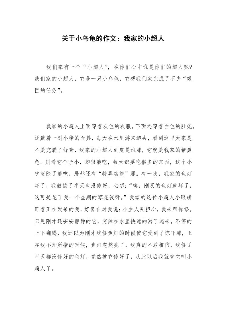 关于小乌龟的作文：我家的小超人