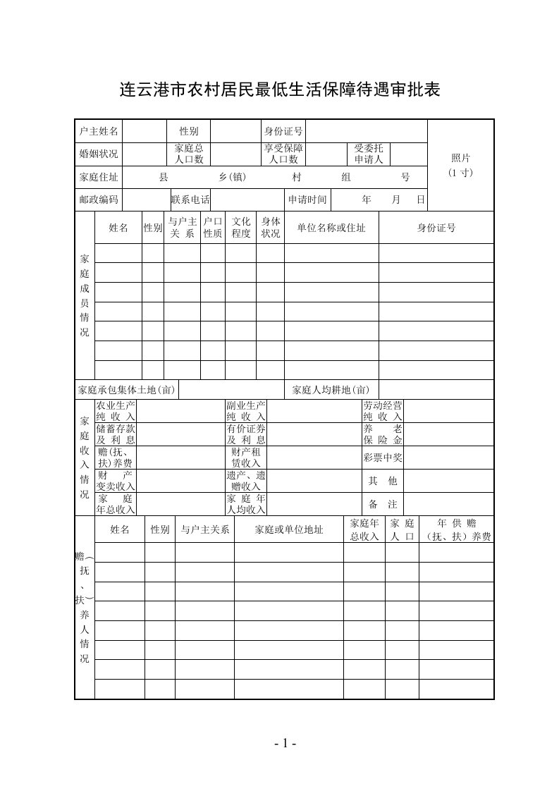 连云港市农村居民最低生活保障待遇审批表