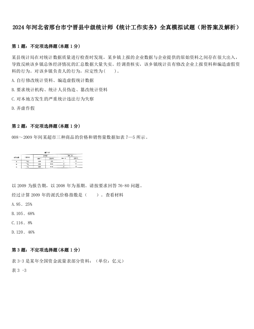 2024年河北省邢台市宁晋县中级统计师《统计工作实务》全真模拟试题（附答案及解析）