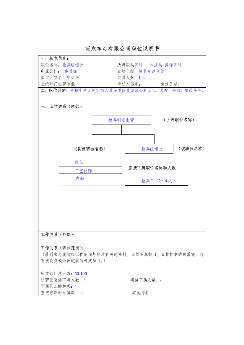 冠东车灯公司模具部检具组组长职位说明书