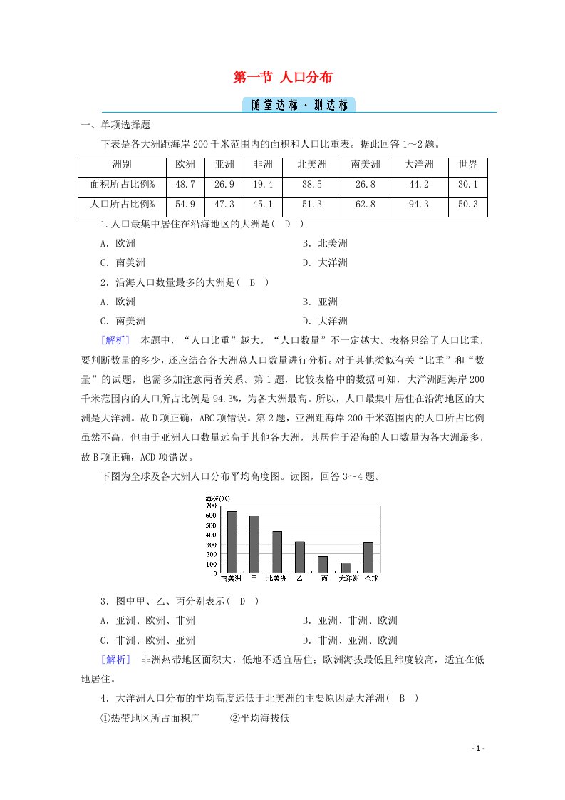 2020_2021学年新教材高中地理第一章人口第一节人口分布随堂达标含解析新人教版必修2