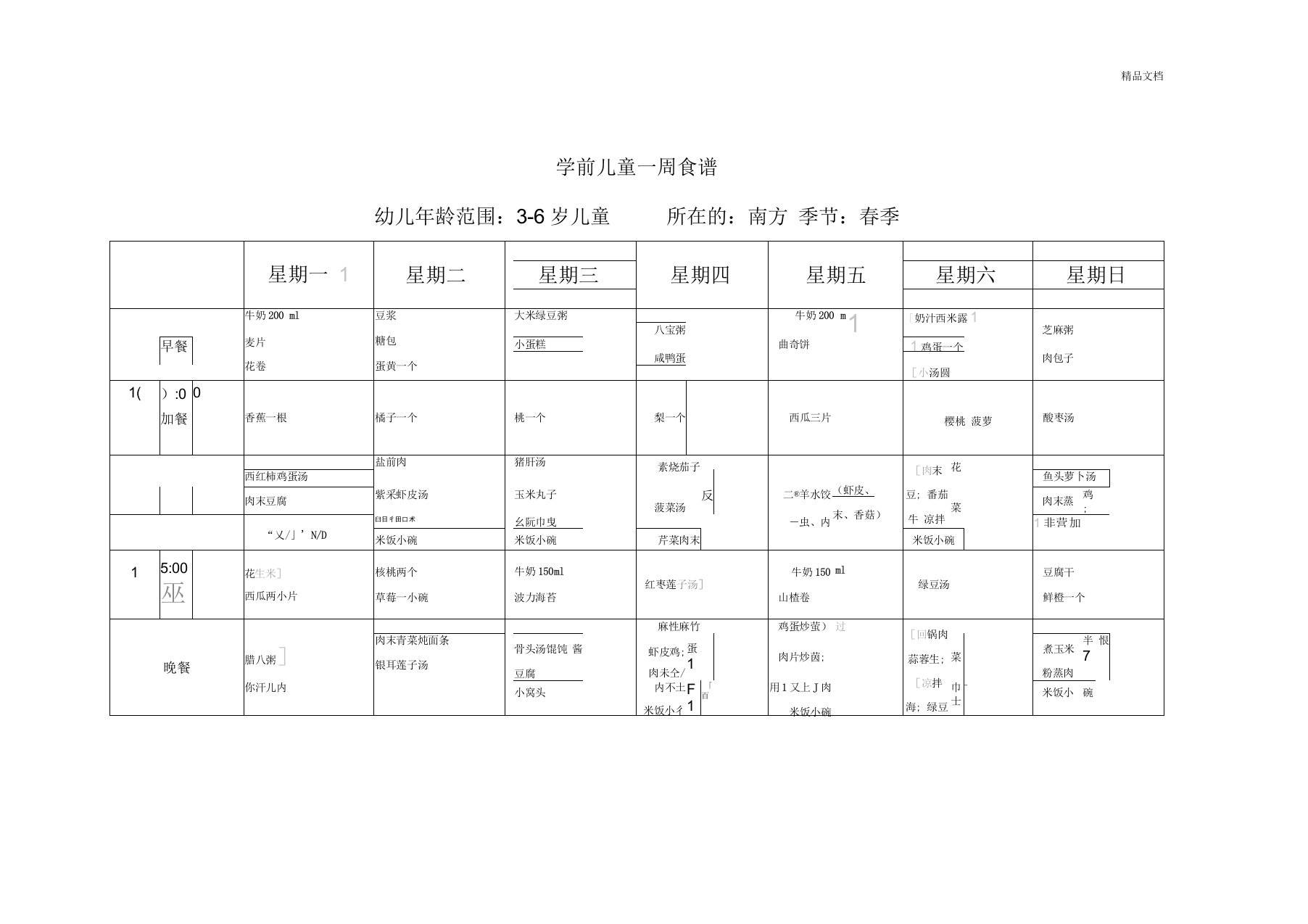 《学前儿童卫生保健》形考任务学前儿童一周食谱