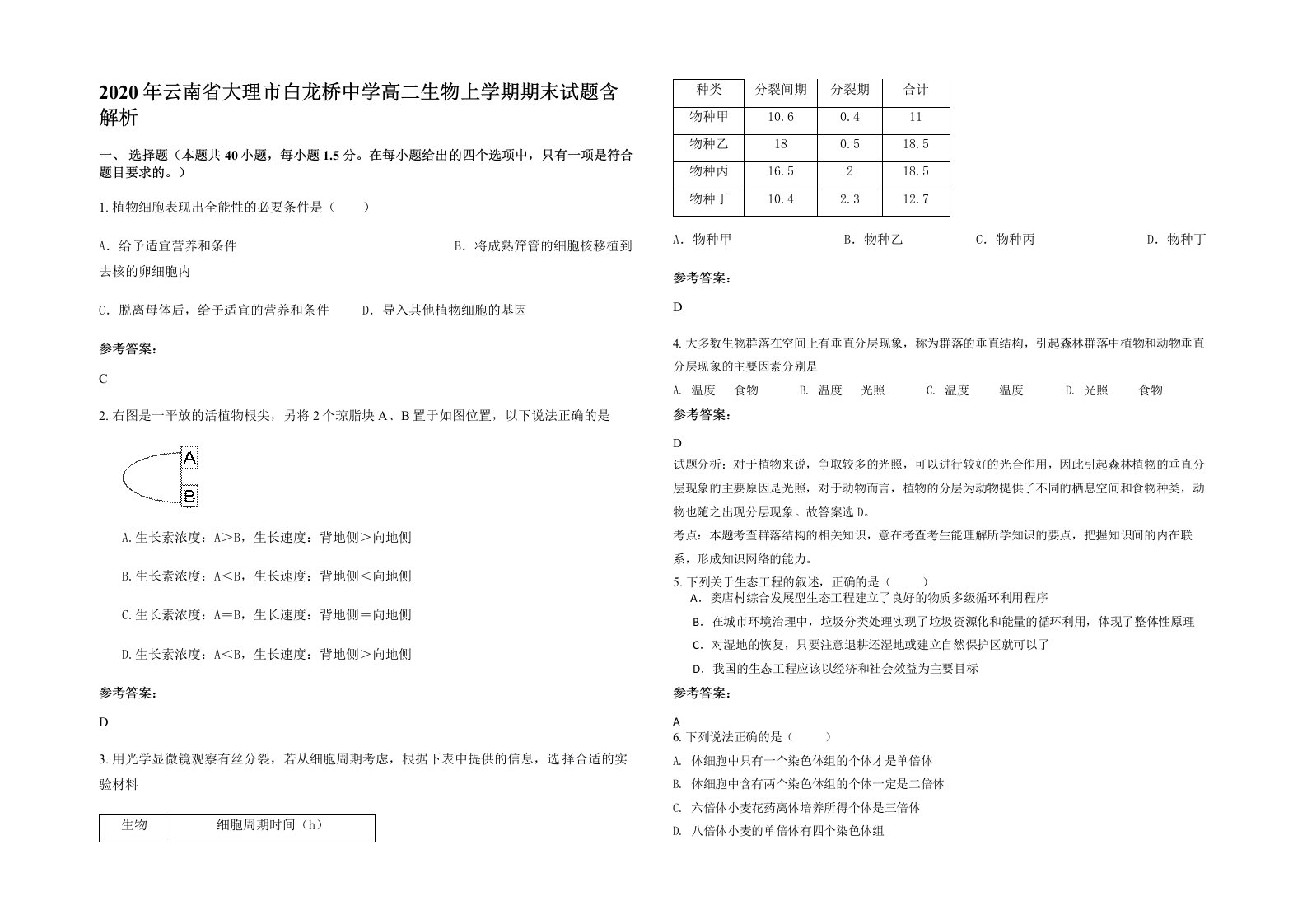 2020年云南省大理市白龙桥中学高二生物上学期期末试题含解析