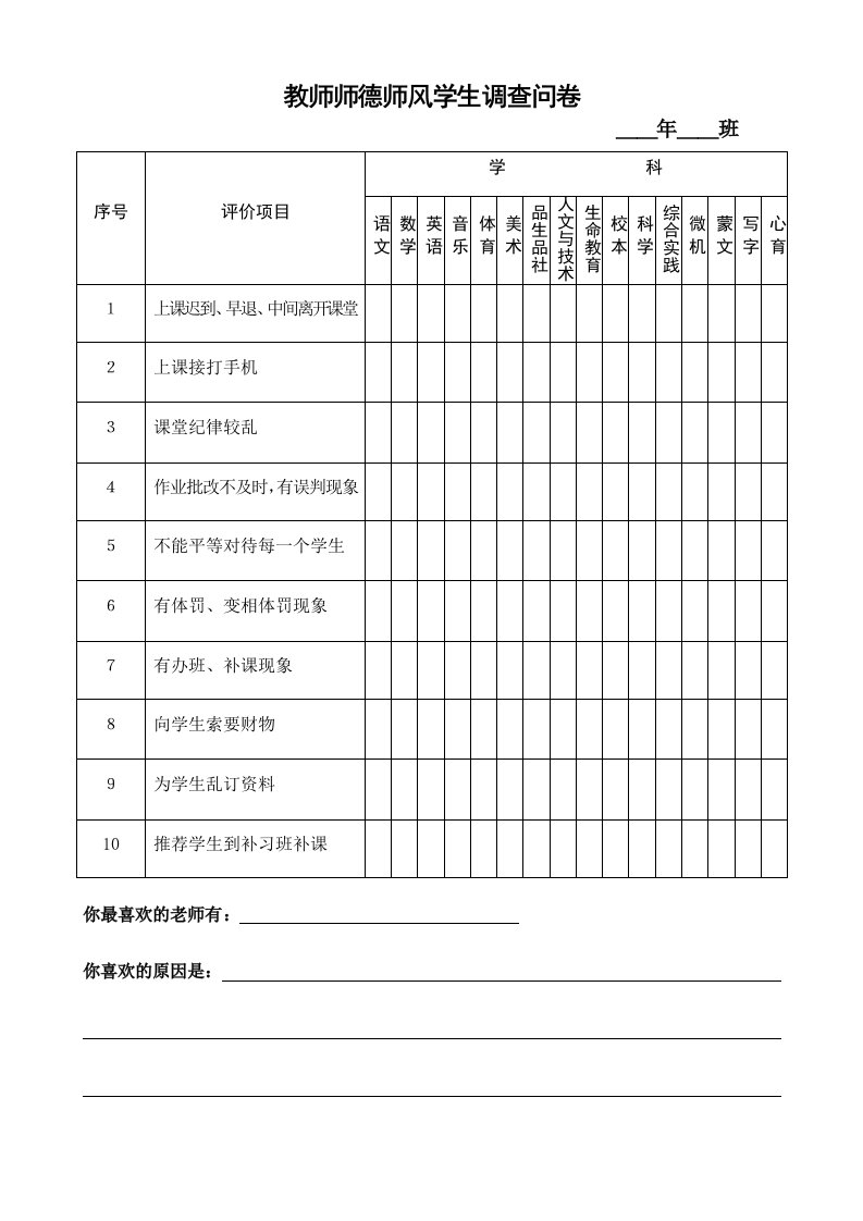 教师师德师风学生调查问卷