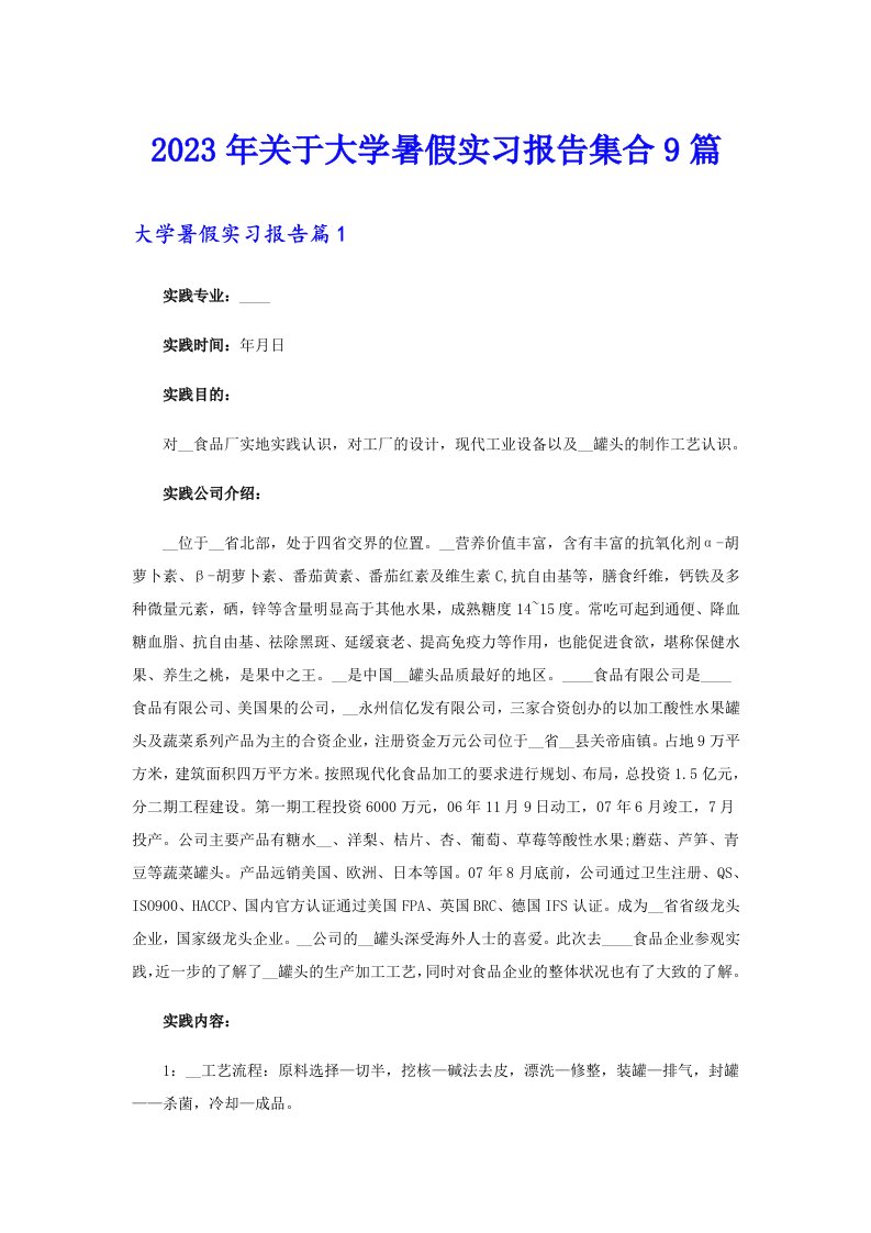 关于大学暑假实习报告集合9篇