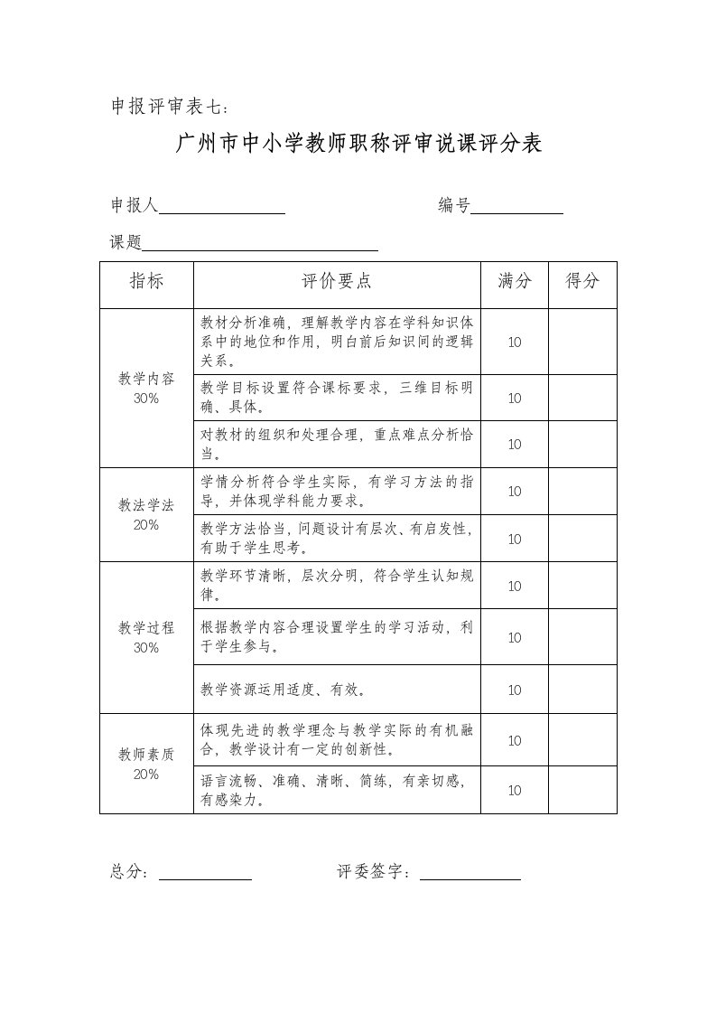 广州市中小学教师职称评审说课评分表