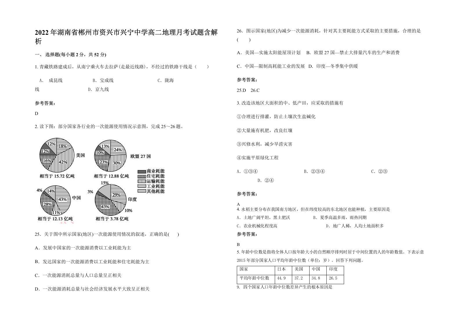 2022年湖南省郴州市资兴市兴宁中学高二地理月考试题含解析