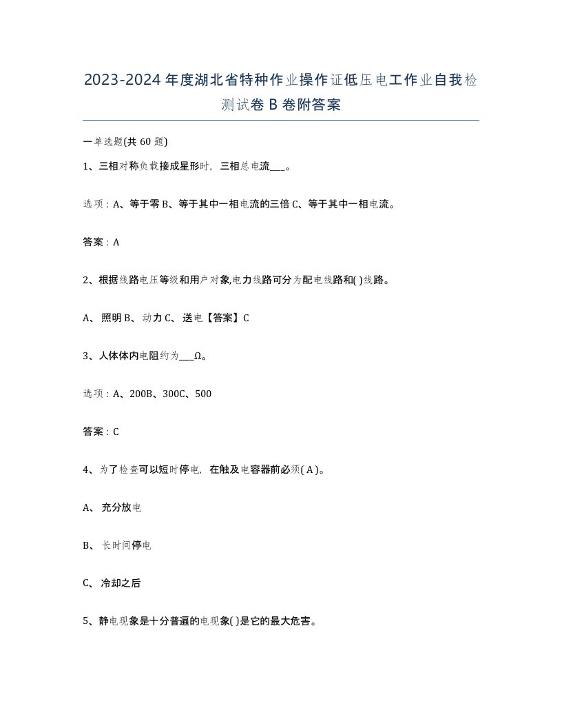 2023-2024年度湖北省特种作业操作证低压电工作业自我检测试卷B卷附答案