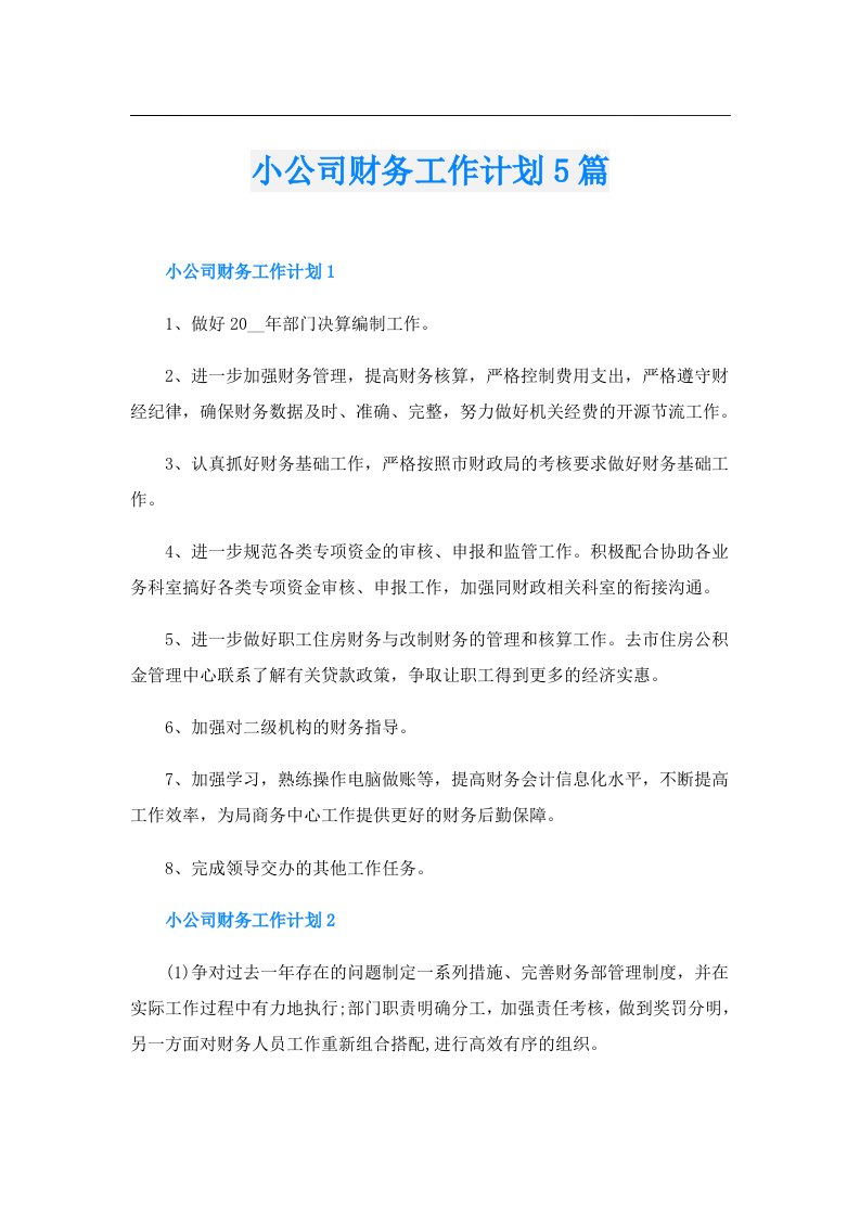 小公司财务工作计划5篇