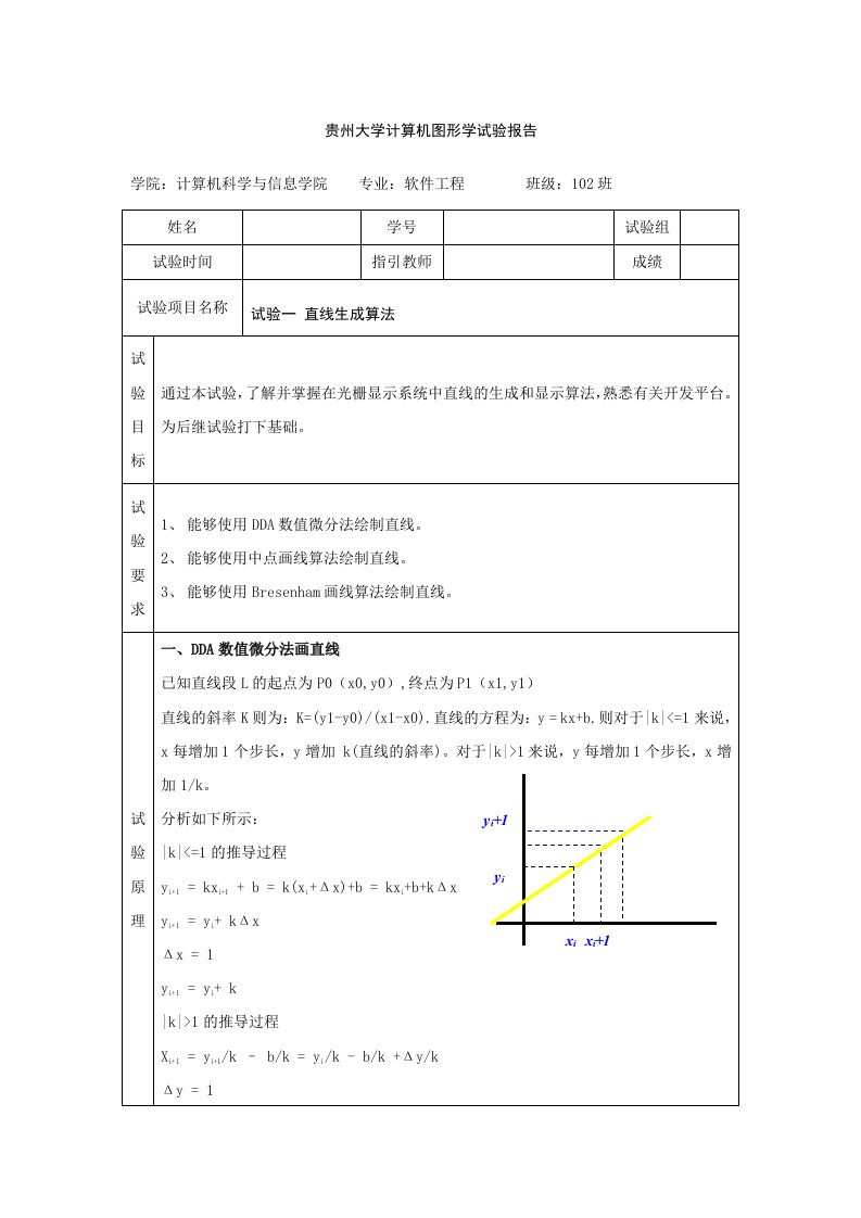 2024年贵州大学计算机图形学实验报告直线生成算法