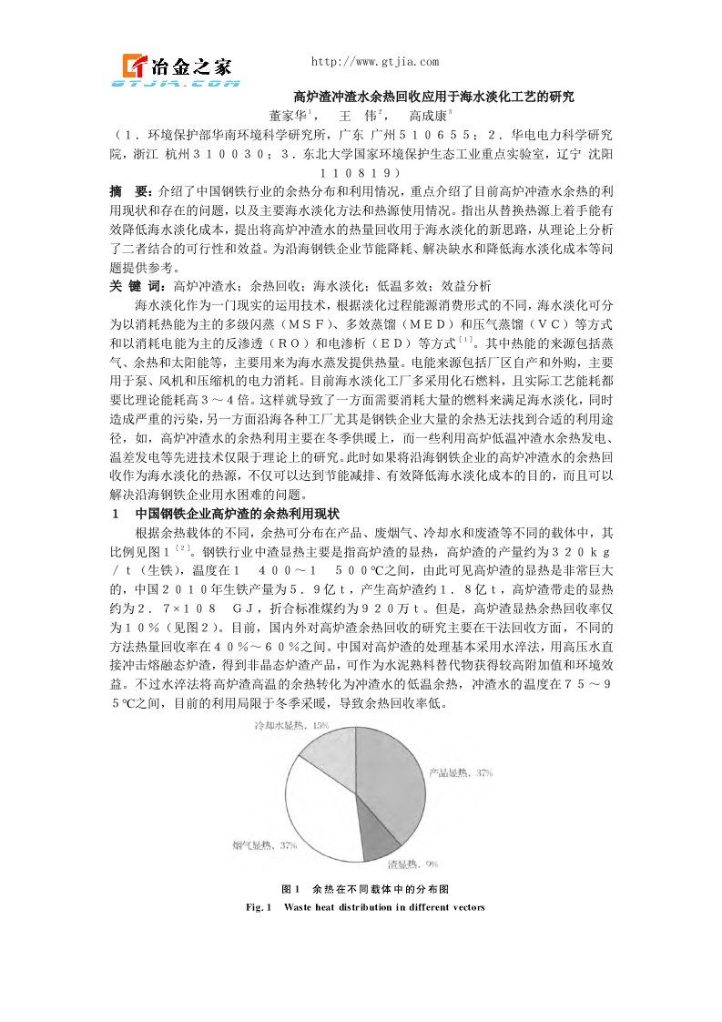 高炉渣冲渣水余热回收应用于海水淡化工艺的研究