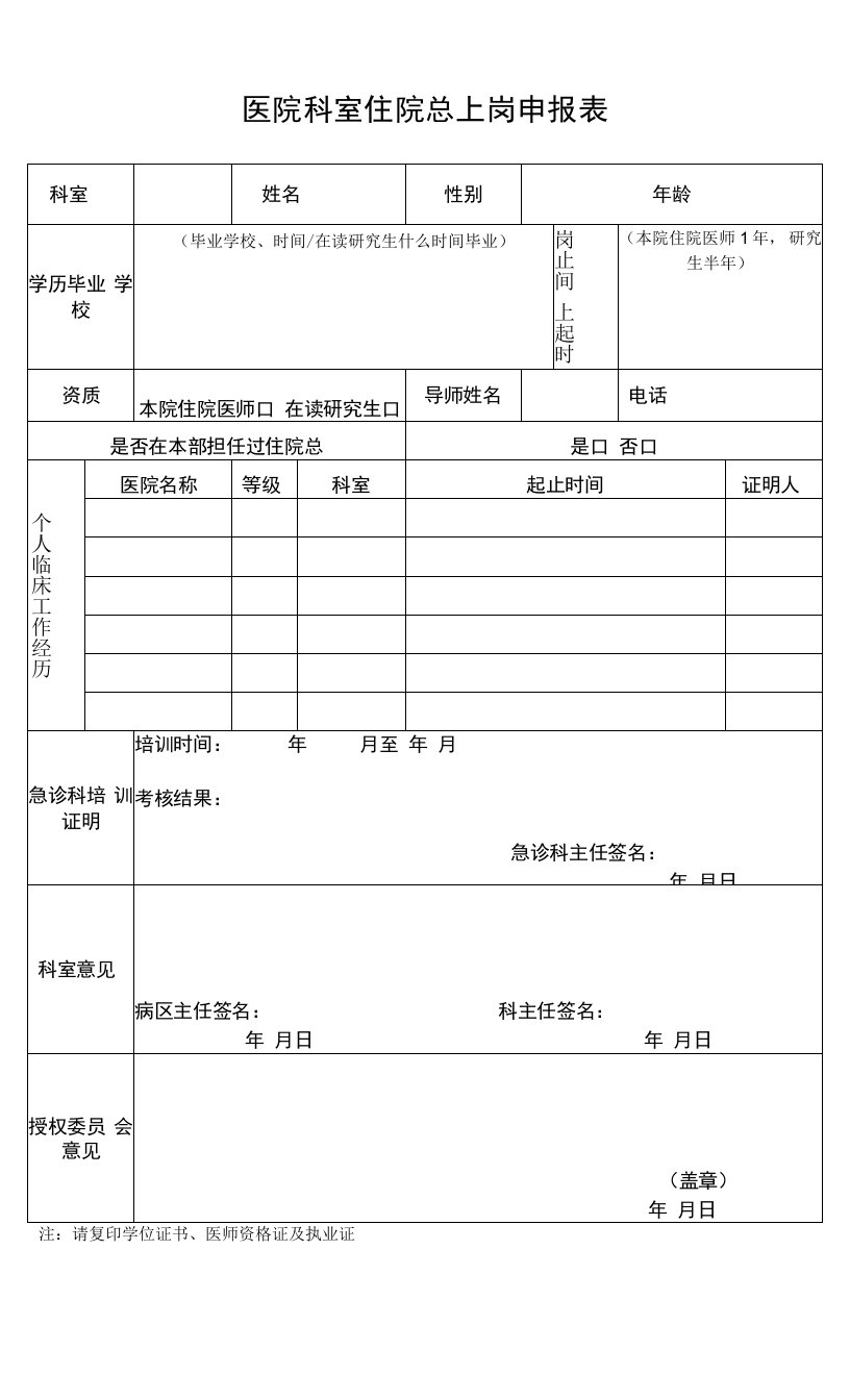 医院科室住院总上岗申报表