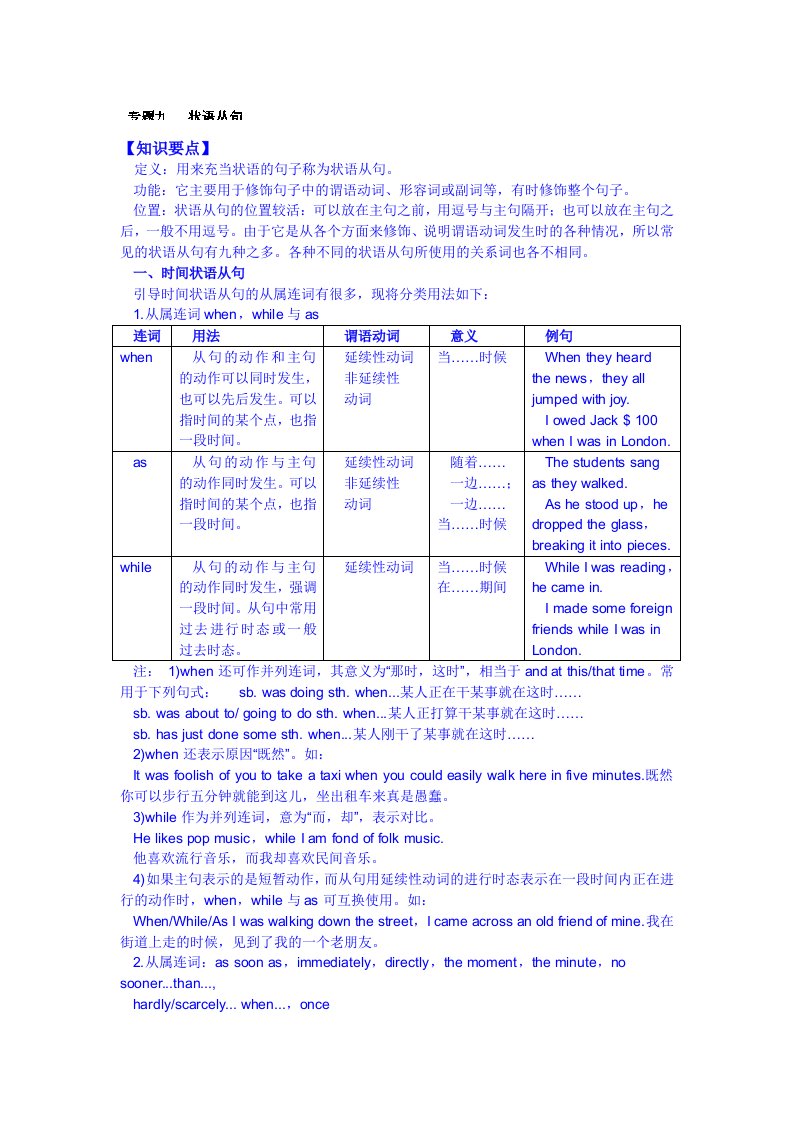 无锡市2014年高三英语一轮复习(艺考生)专题九状语从句教师版