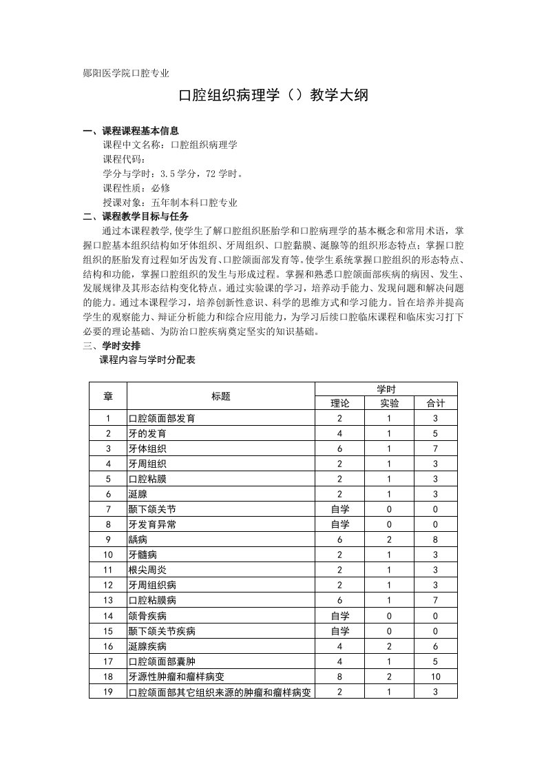 新口腔组织病理学教学大纲