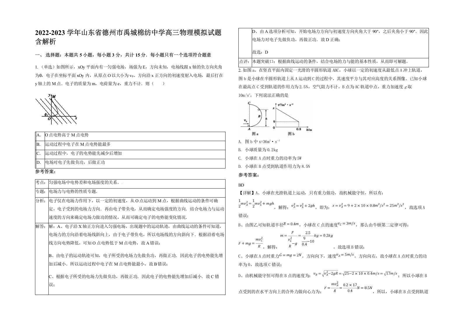 2022-2023学年山东省德州市禹城棉纺中学高三物理模拟试题含解析