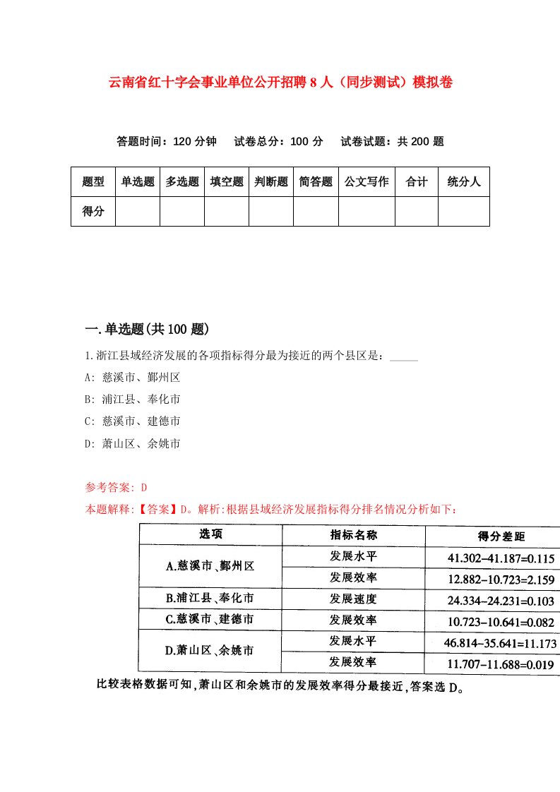 云南省红十字会事业单位公开招聘8人同步测试模拟卷第49次