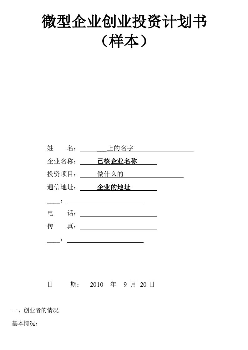 微型企业创业投资计划书(样本)