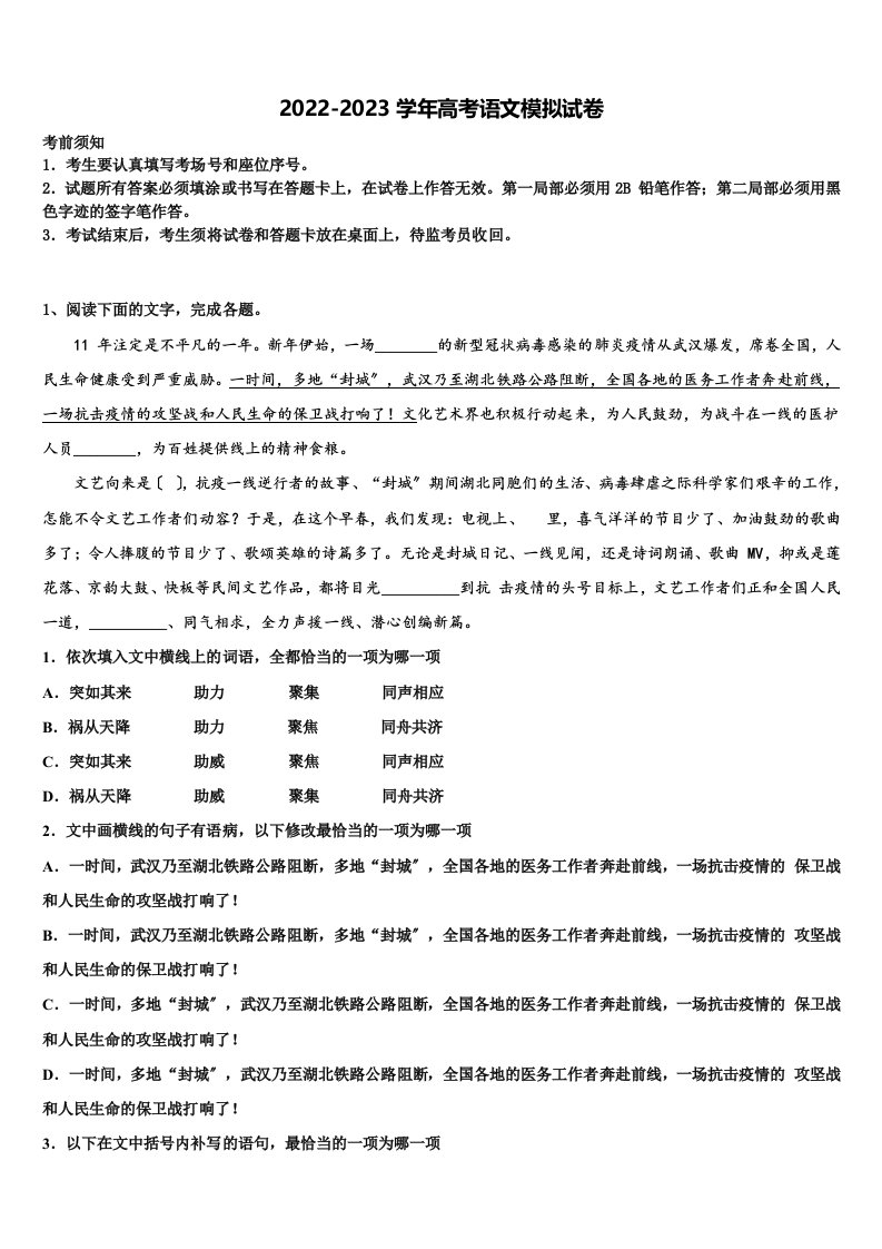 江西省修水县第一中学2023年高三（最后冲刺）语文试卷含解析