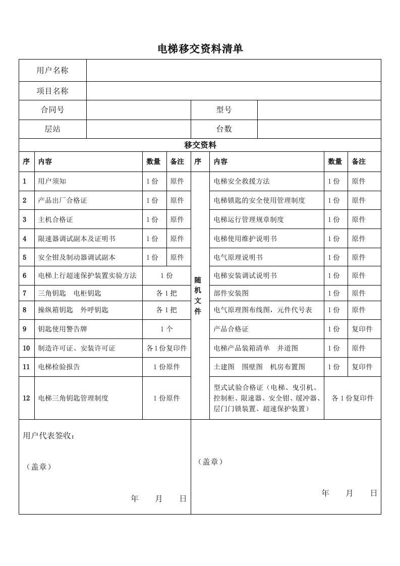 电梯移交资料清单模板