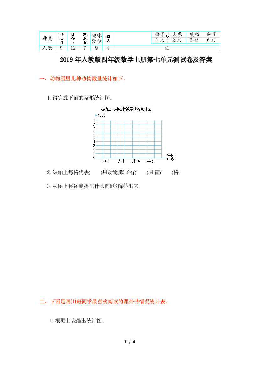 2019年人教版四年级数学上册第七单元测试卷及答案