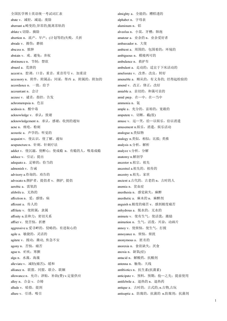 全国医学博士英语统一考试单词