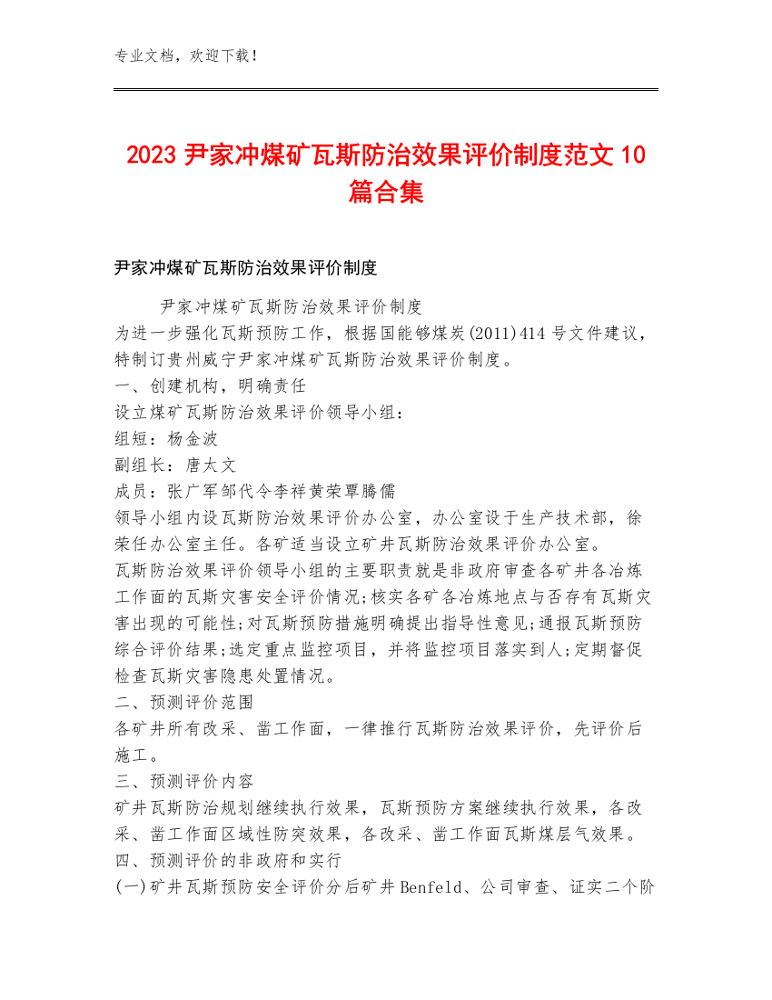 2023尹家冲煤矿瓦斯防治效果评价制度范文10篇合集