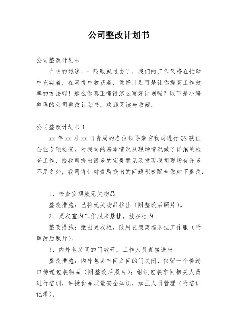 公司整改计划书