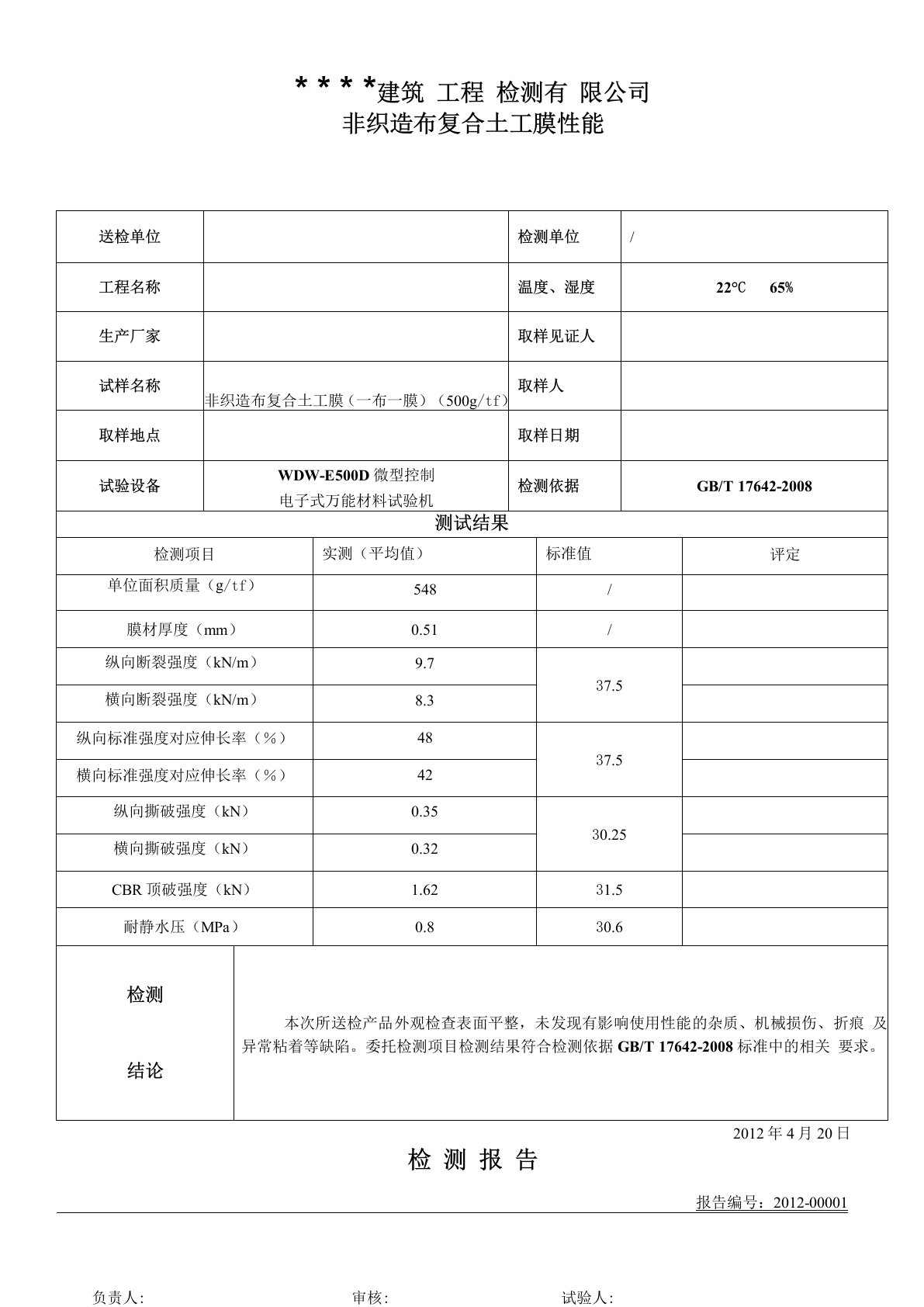 非织造布复合土工膜性能检测报告