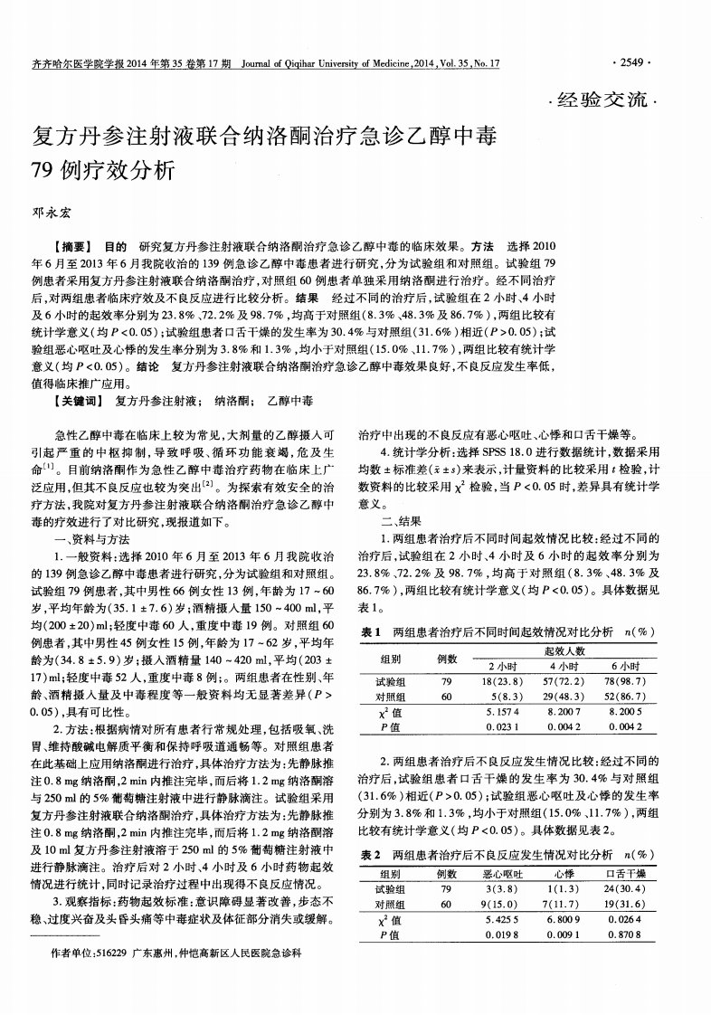 复方丹参注射液联合纳洛酮治疗急诊乙醇中毒79例疗效分析