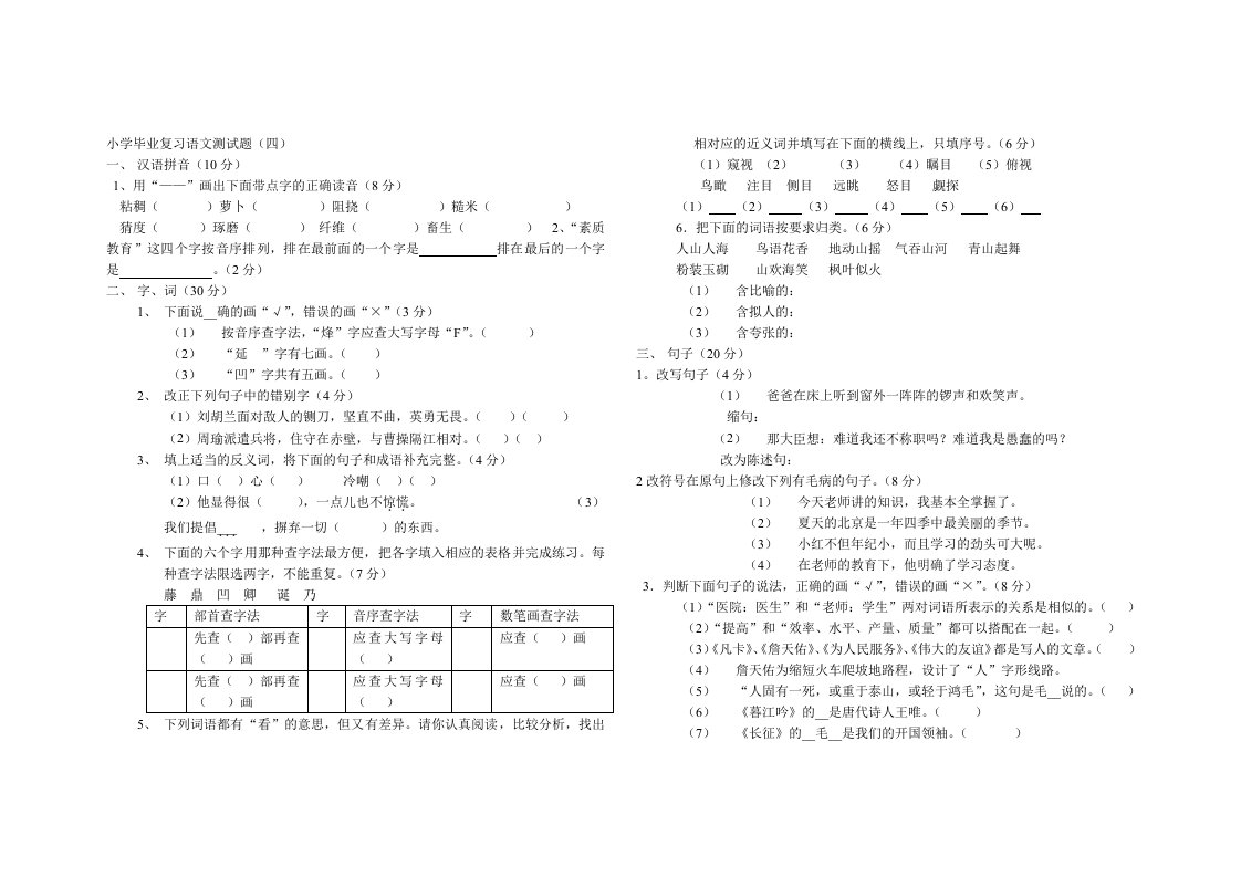 小学毕业复习语文测试题