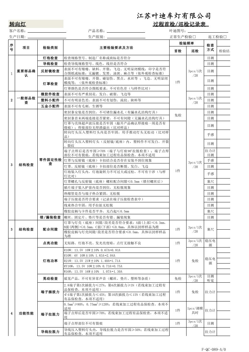 转向灯过程首检巡检记录表