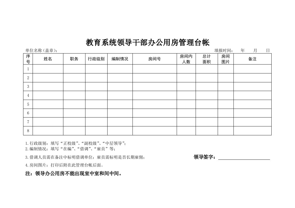 教育系统领导干部办公用房管理台帐