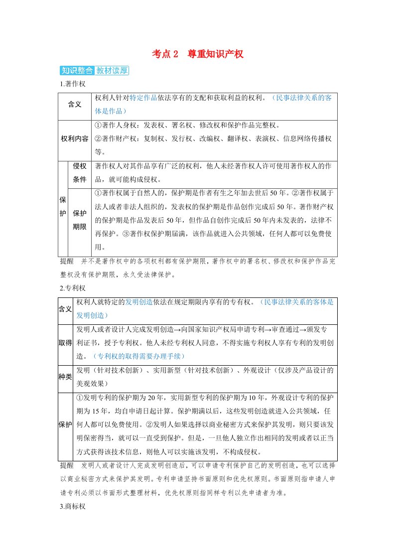 备考2024届高考政治一轮复习讲义选择性必修2第一课民事权利与义务第二课时依法有效保护财产权考点2尊重知识产权