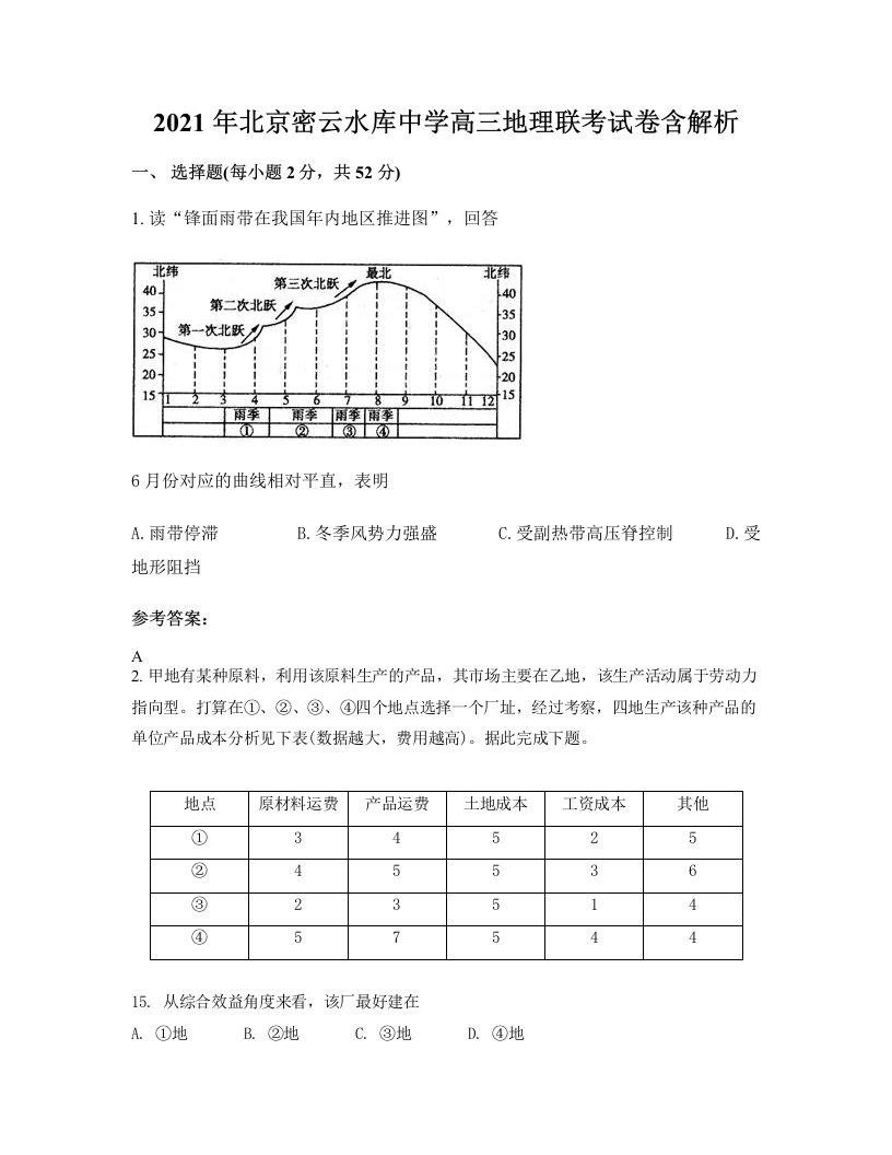 2021年北京密云水库中学高三地理联考试卷含解析