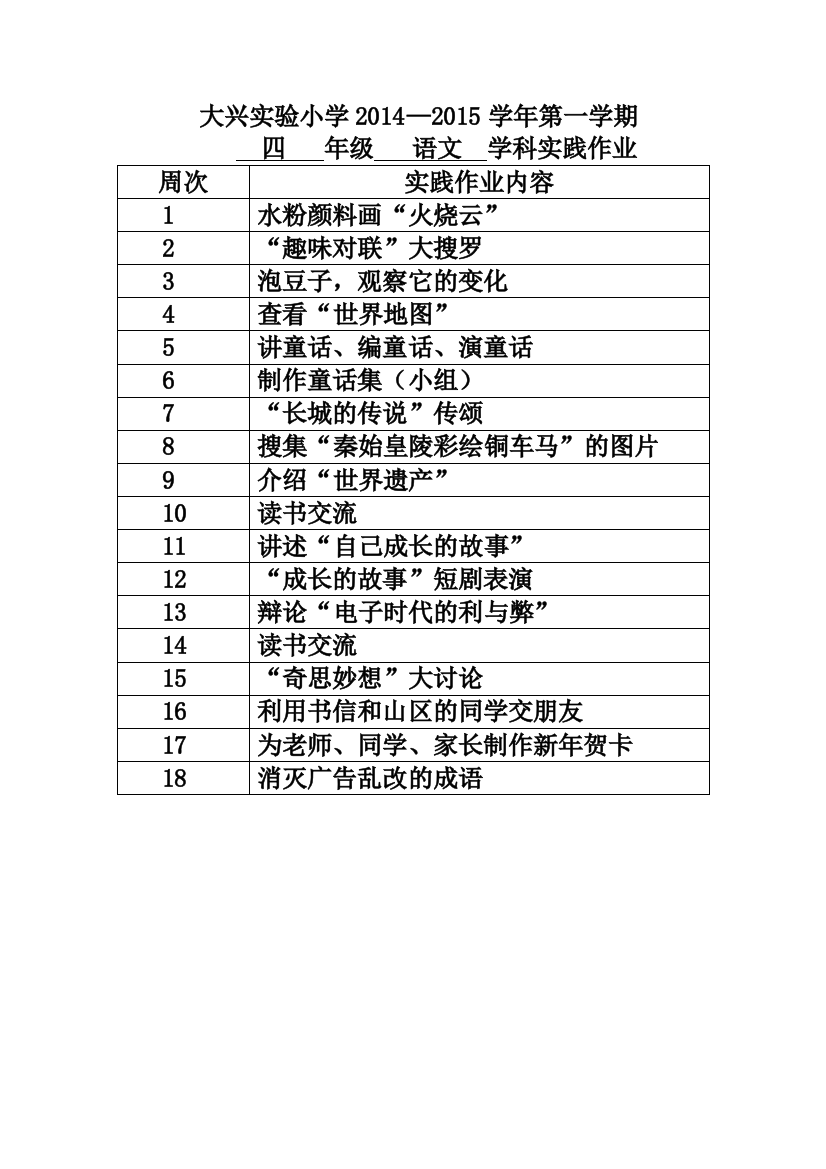 四年级各科实践作业